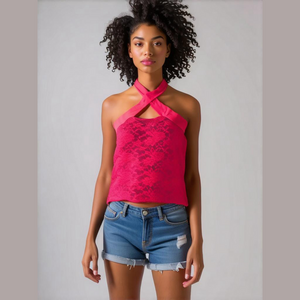 Bibi Lace Tank Top Women Small Pink Halter Cutout Criss Cross